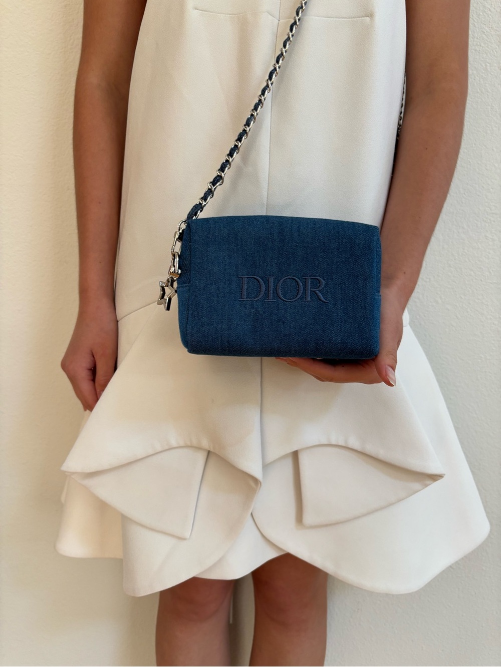 DIOR Blue Denim Bag purse clutch LOGO silver chain jeans star